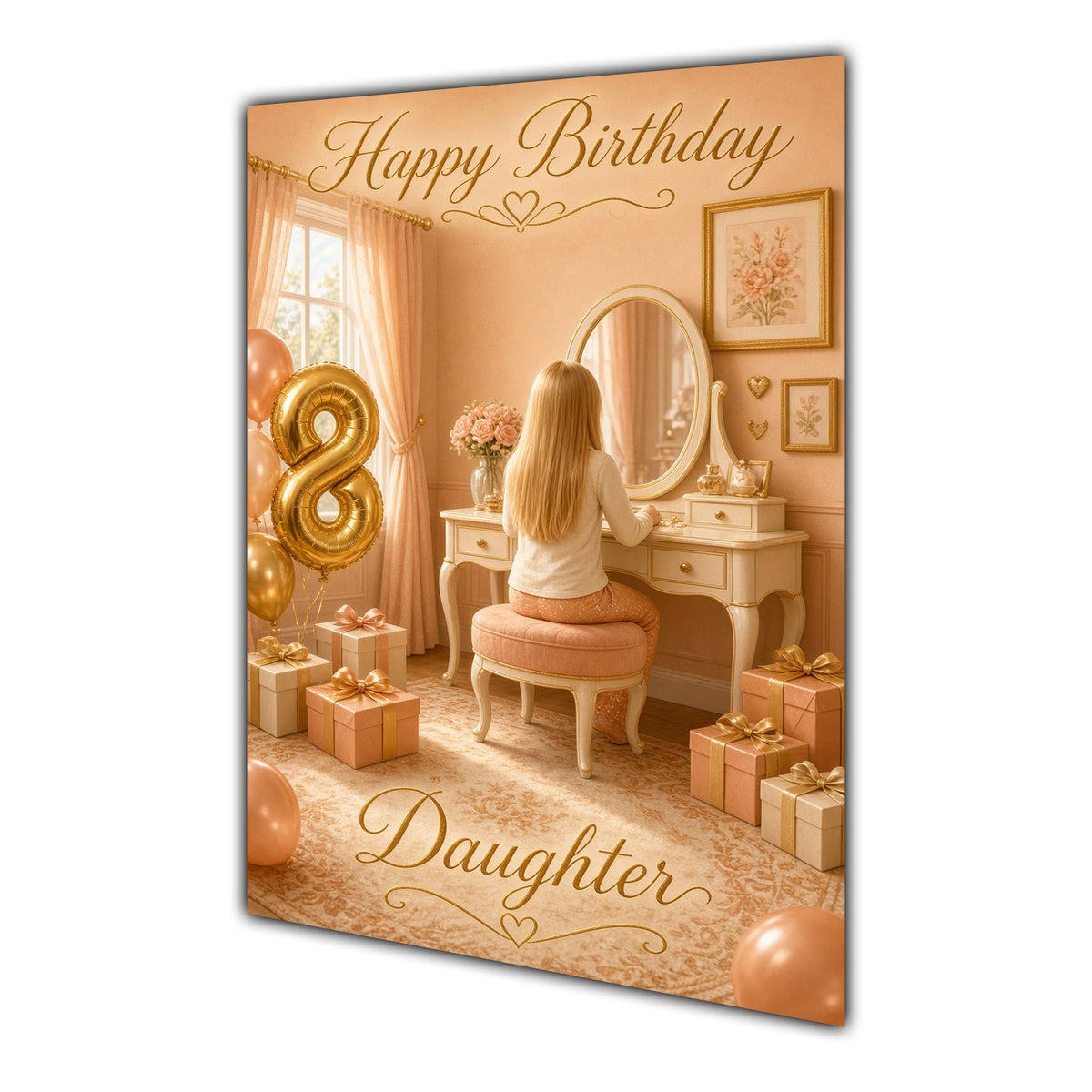 Happy Birthday Daughter 8th Peach Gold Vanity Greeting Card A5