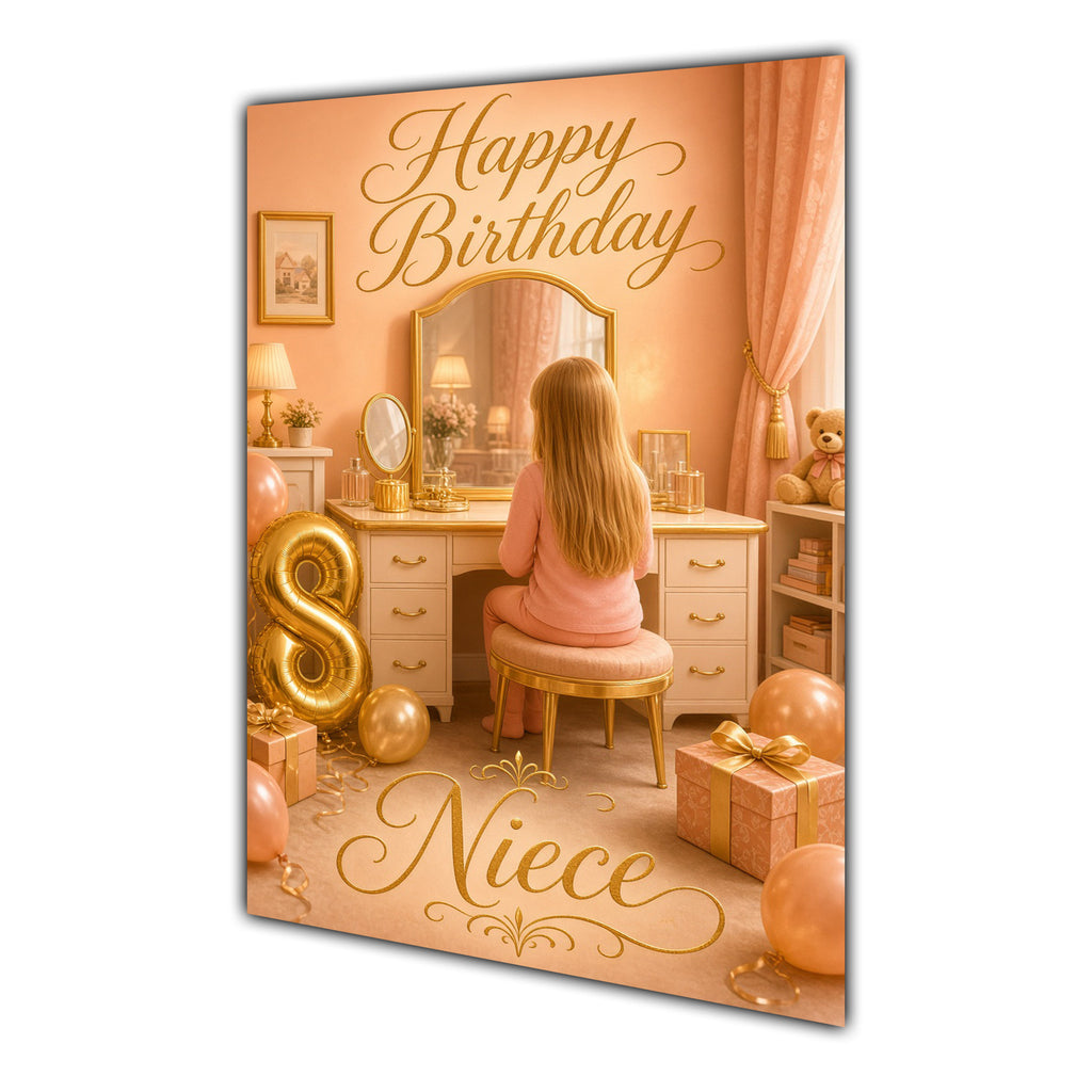 Happy Birthday Niece 8th Peach Gold Vanity Greeting Card A5