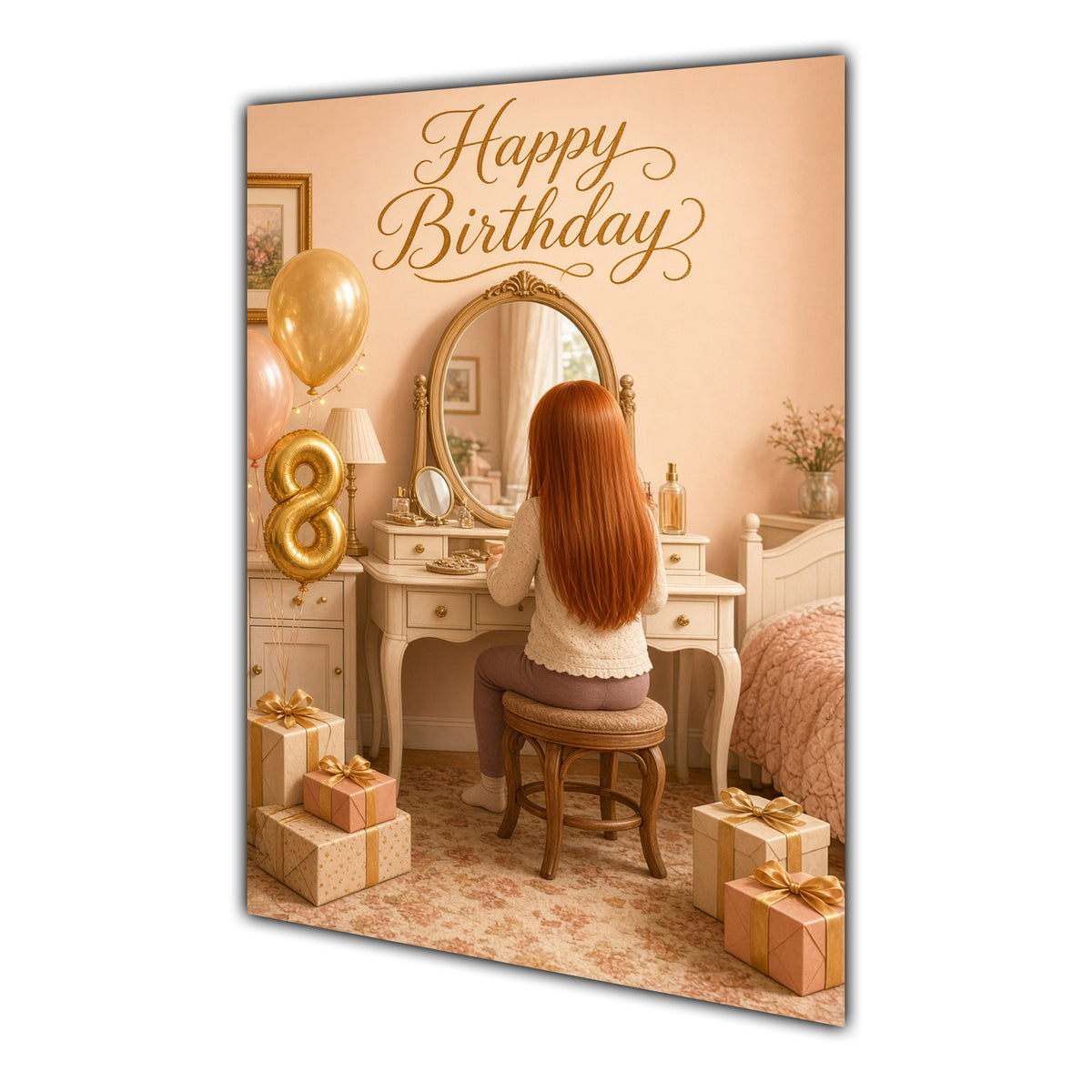 Happy Birthday 8th Peach Gold Vanity Greeting Card A5