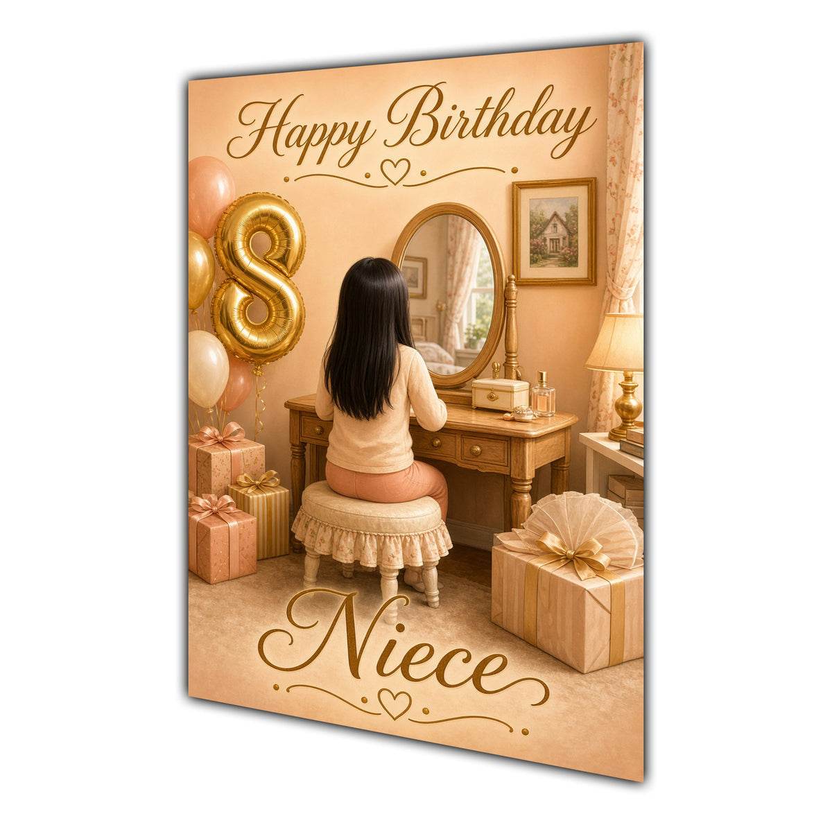 Happy Birthday Niece 8th Peach Gold Vanity Greeting Card A5