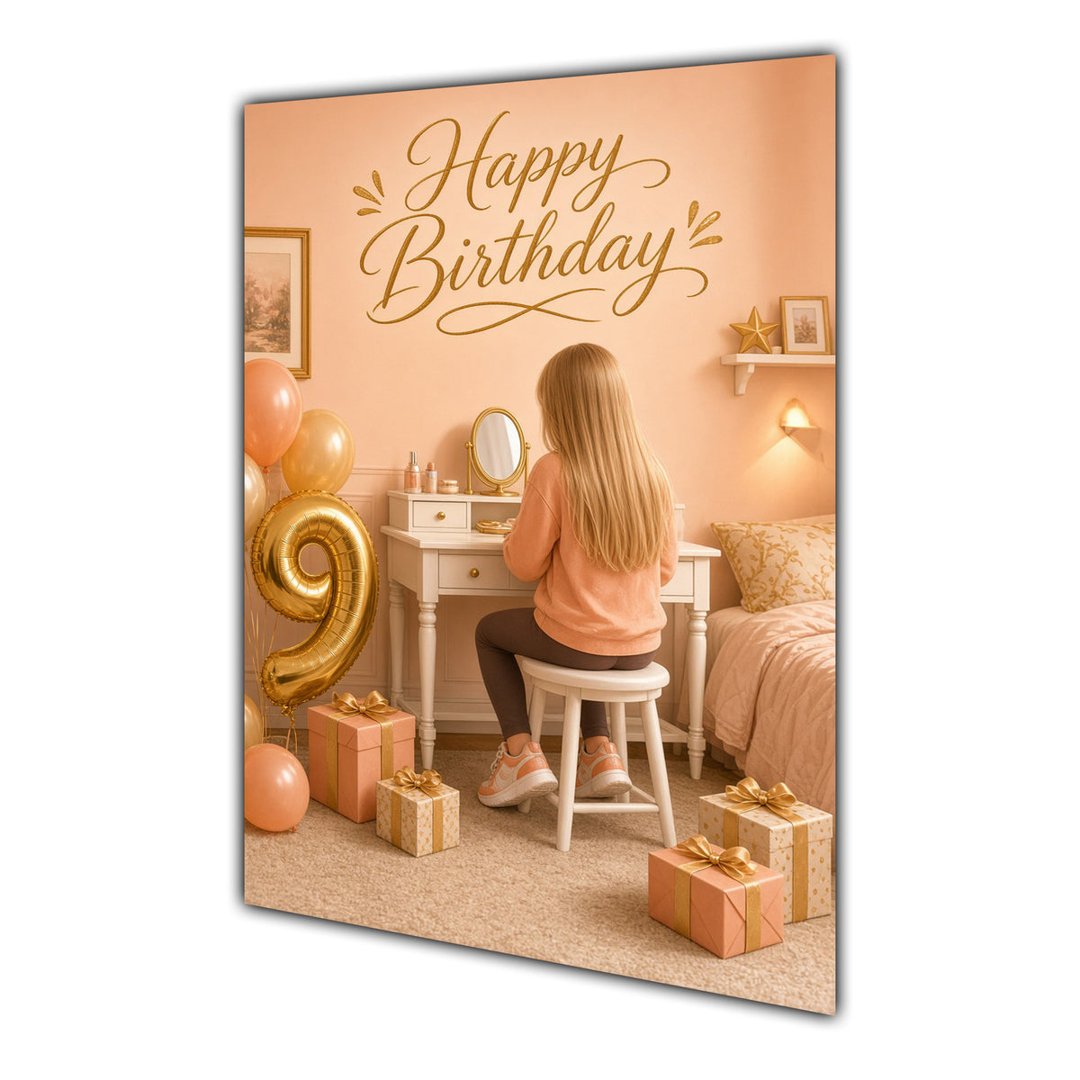 Happy Birthday 8th Peach Gold Vanity Greeting Card A5