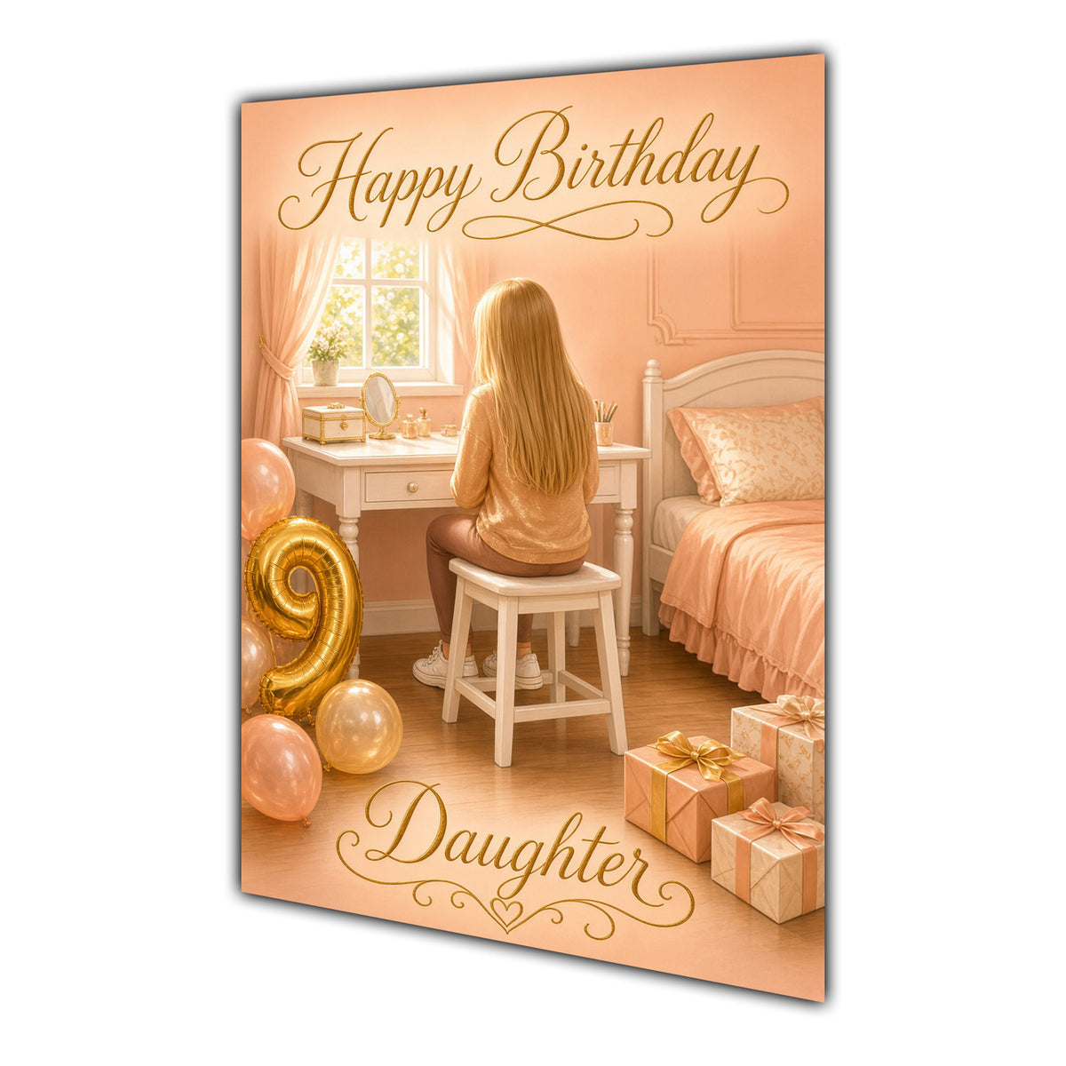 Happy Birthday Daughter 9th Peach Gold Vanity Greeting Card A5