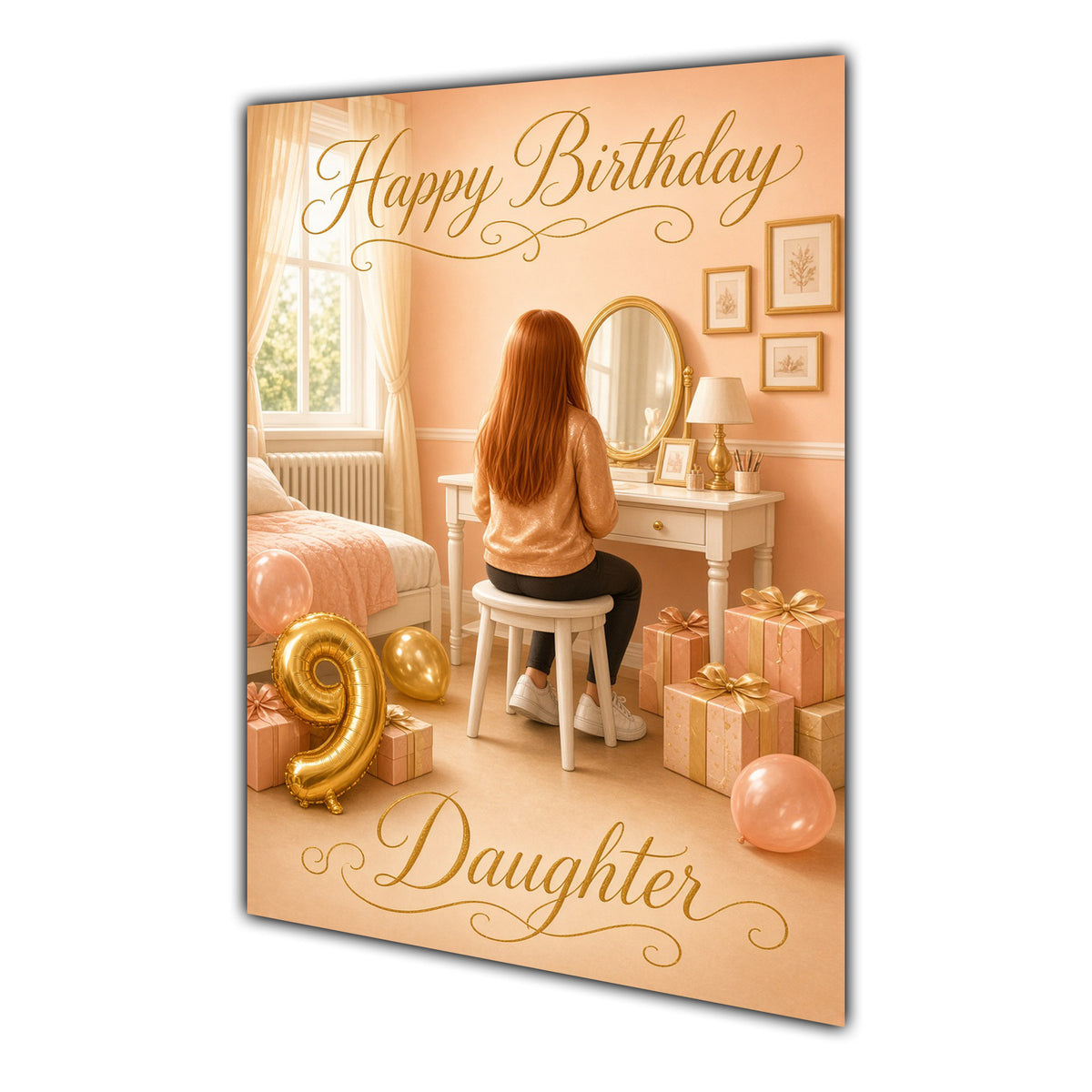 Happy Birthday Daughter 9th Peach Gold Vanity Greeting Card A5