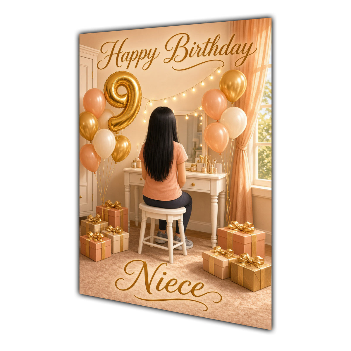 Happy Birthday Niece 9th Peach Gold Vanity Greeting Card A5