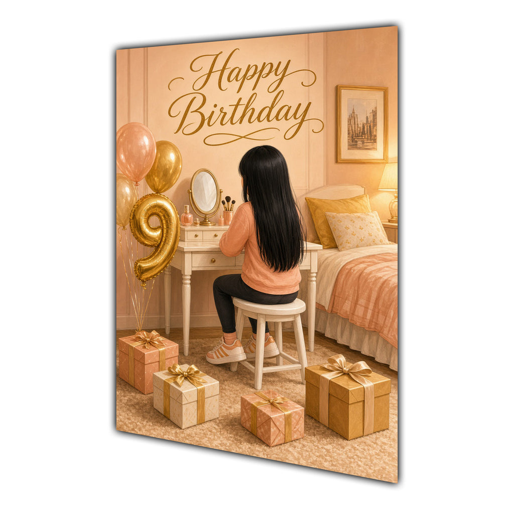 Happy Birthday 9th Peach Gold Vanity Greeting Card A5