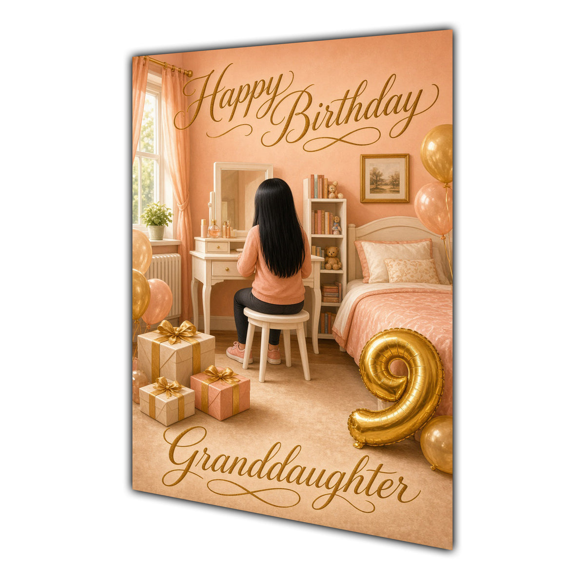 Happy Birthday Granddaughter 9th Peach Gold Vanity Greeting Card A5
