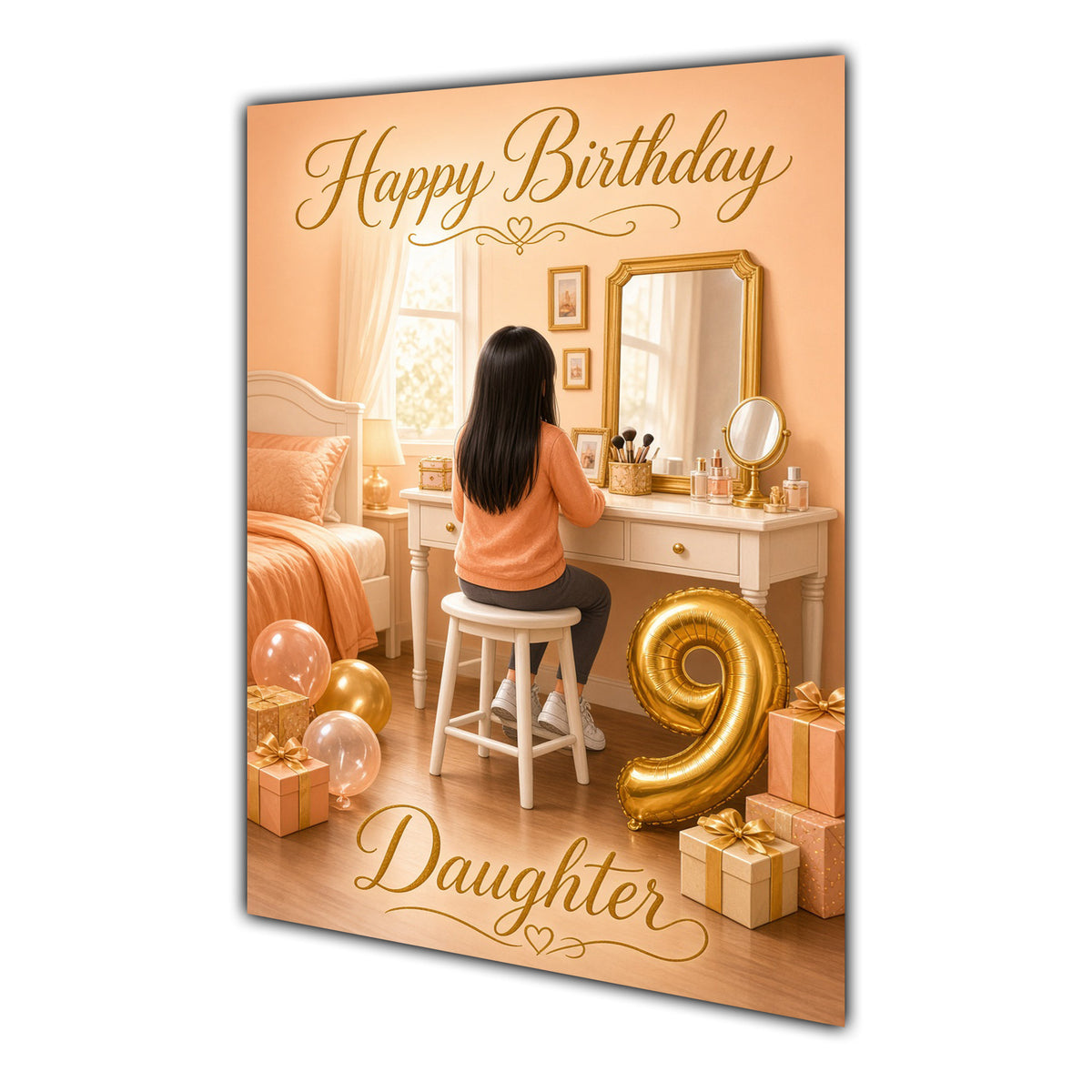 Happy Birthday Daughter 9th Peach Gold Vanity Greeting Card A5
