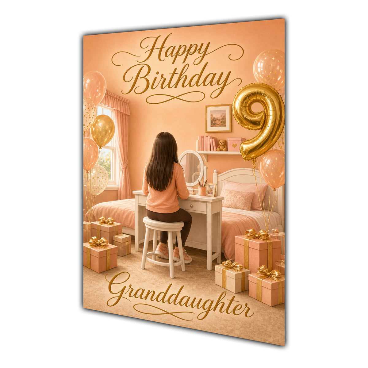 Happy Birthday Granddaughter 9th Peach Gold Vanity Greeting Card A5