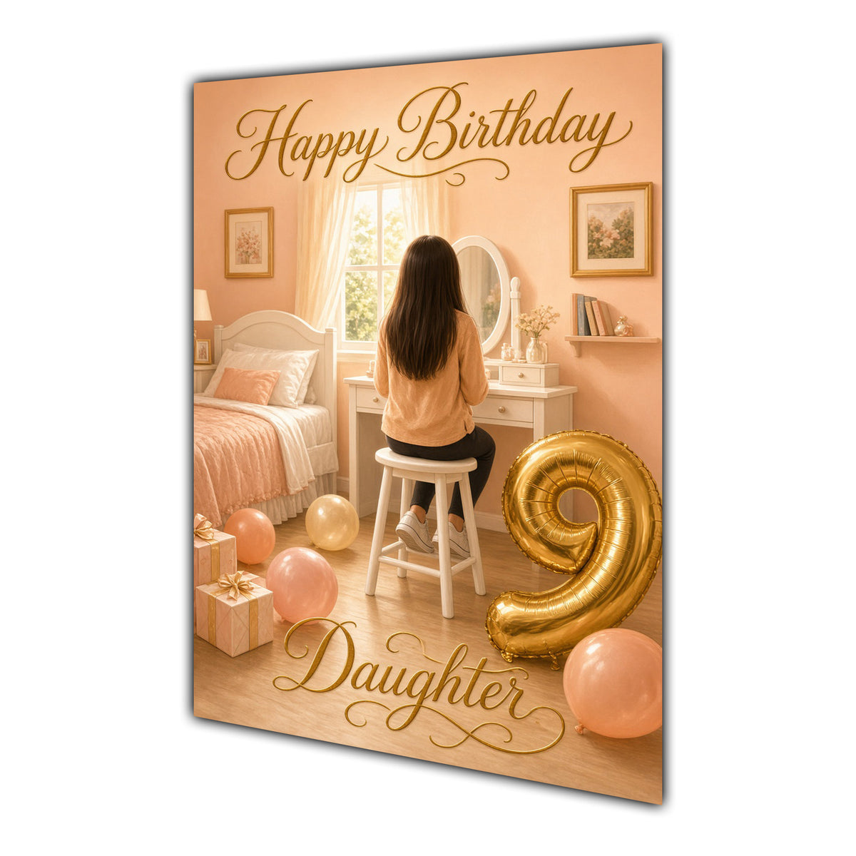 Happy Birthday Daughter 9th Peach Gold Vanity Greeting Card A5