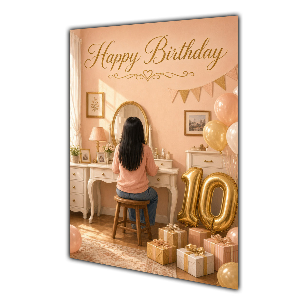 Happy 10th Birthday Peach Gold Vanity Greeting Card A5