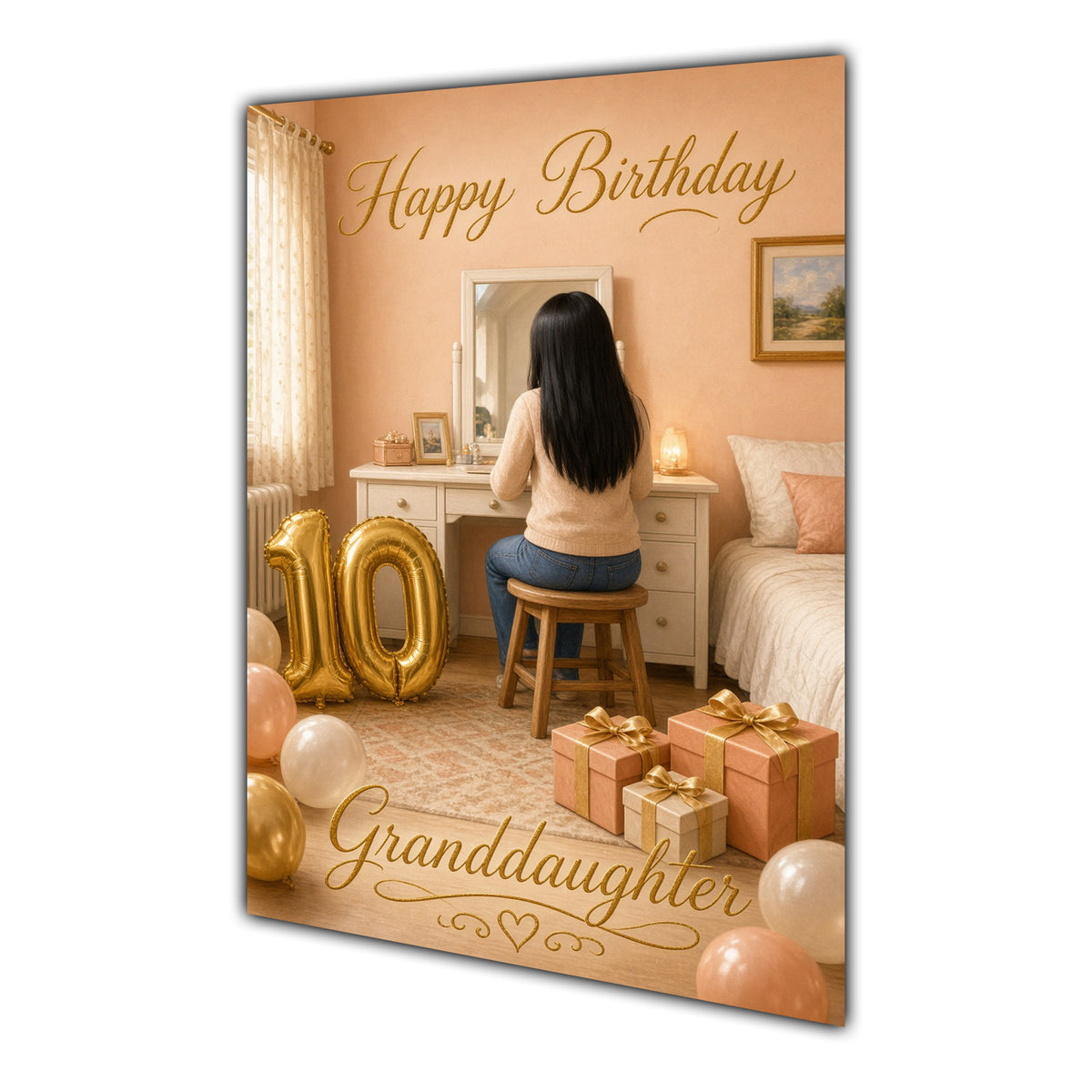 Happy 10th Birthday Peach Gold Vanity Greeting Card A5