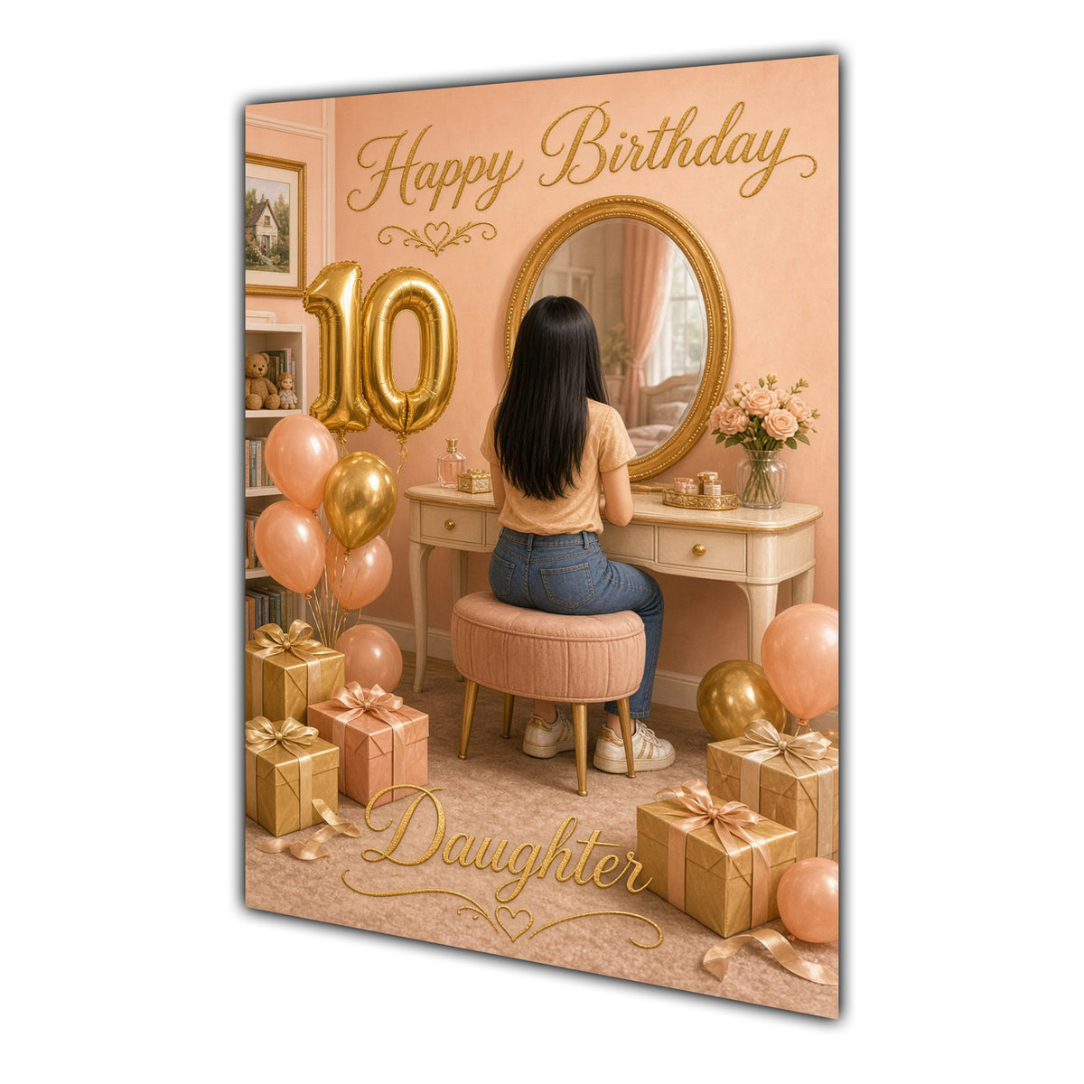 Happy 10th Birthday Peach Gold Vanity Greeting Card A5