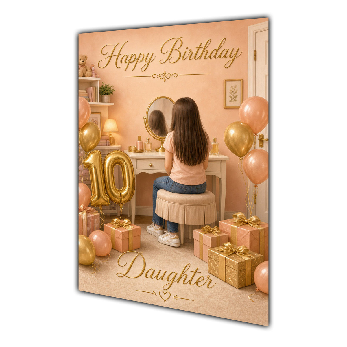 Happy 10th Birthday Peach Gold Vanity Greeting Card A5