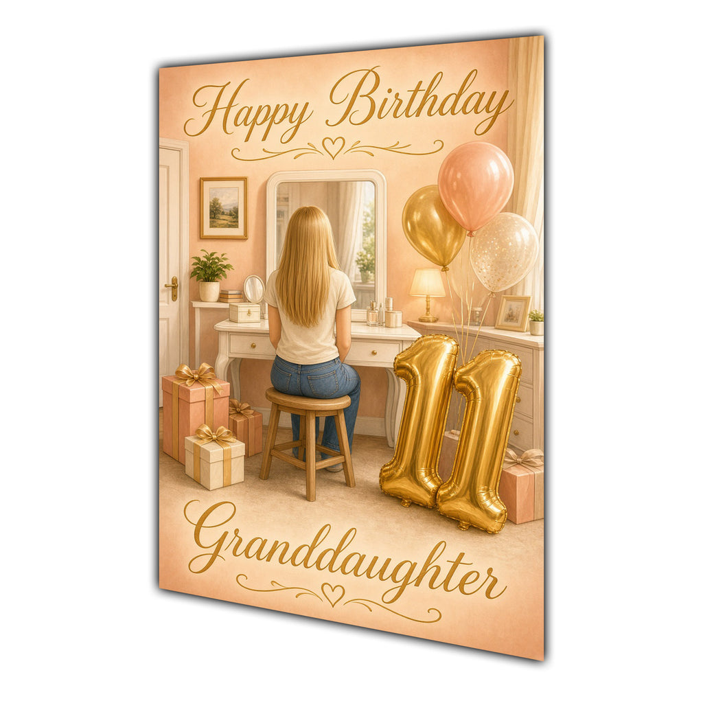Happy 11th Birthday Peach Gold Vanity Greeting Card A5