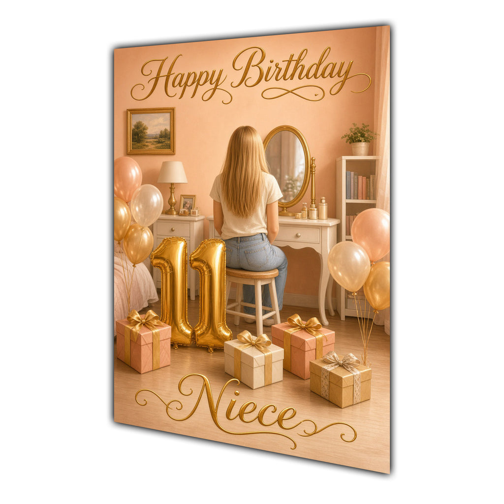 Happy 11th Birthday Peach Gold Vanity Greeting Card A5