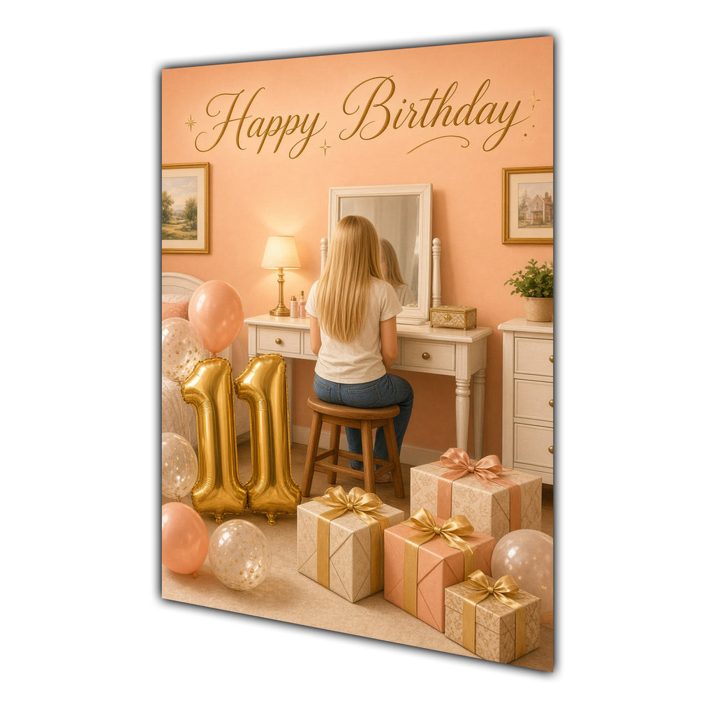 Happy 11th Birthday Peach Gold Vanity Greeting Card A5