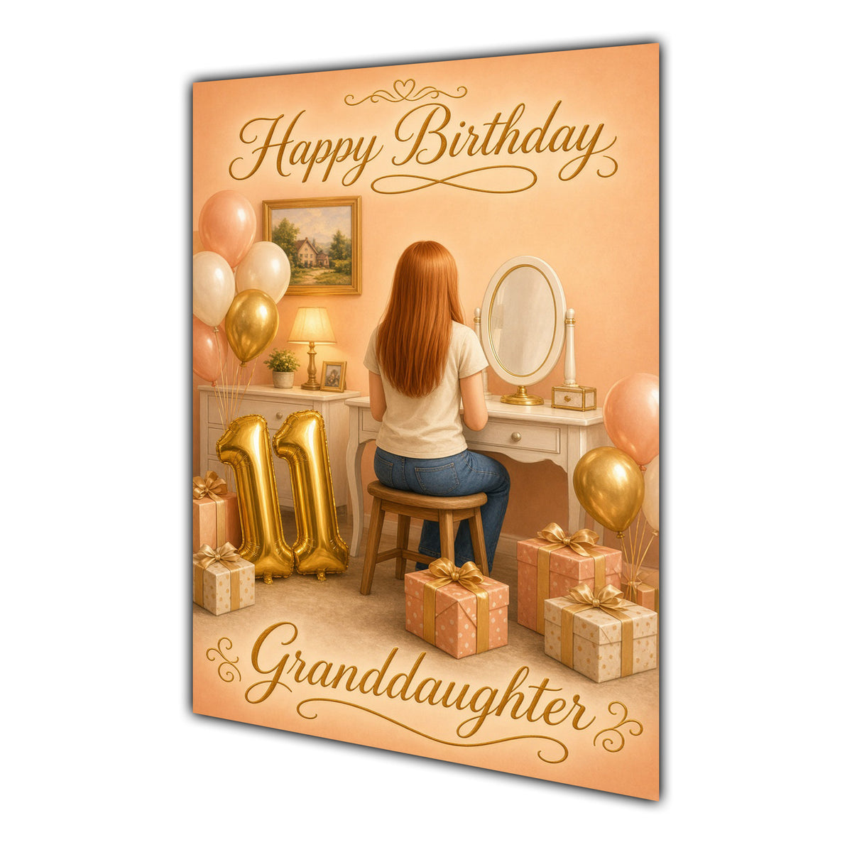 Happy 11th Birthday Peach Gold Vanity Greeting Card A5