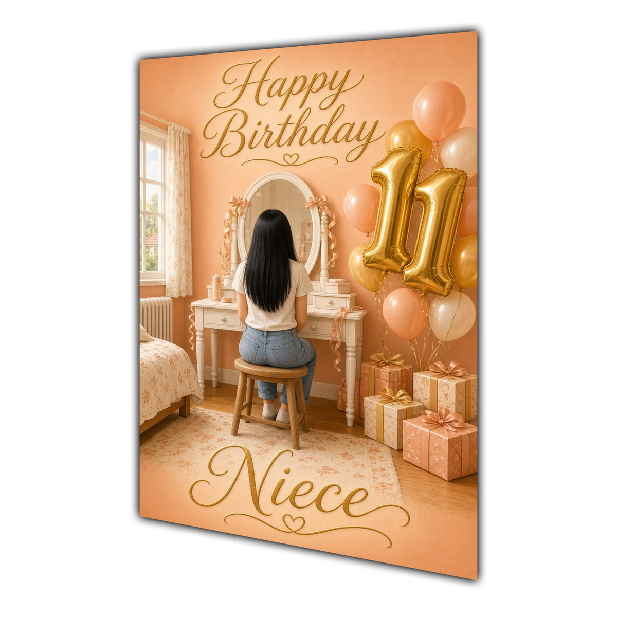 Happy 11th Birthday Peach Gold Vanity Greeting Card A5
