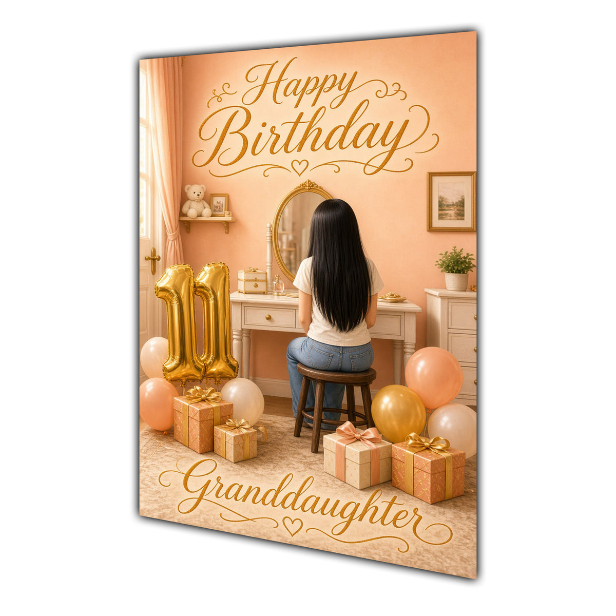 Happy 11th Birthday Peach Gold Vanity Greeting Card A5