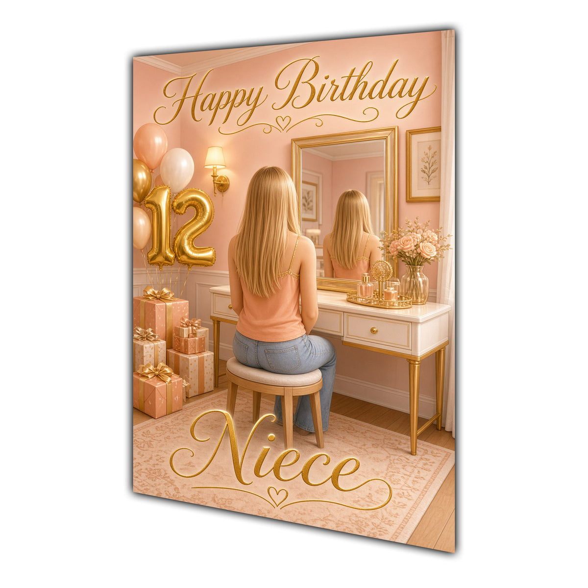 Happy 12th Birthday Peach Gold Vanity Greeting Card A5