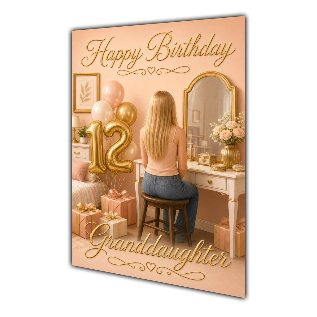 Happy 12th Birthday Peach Gold Vanity Greeting Card A5