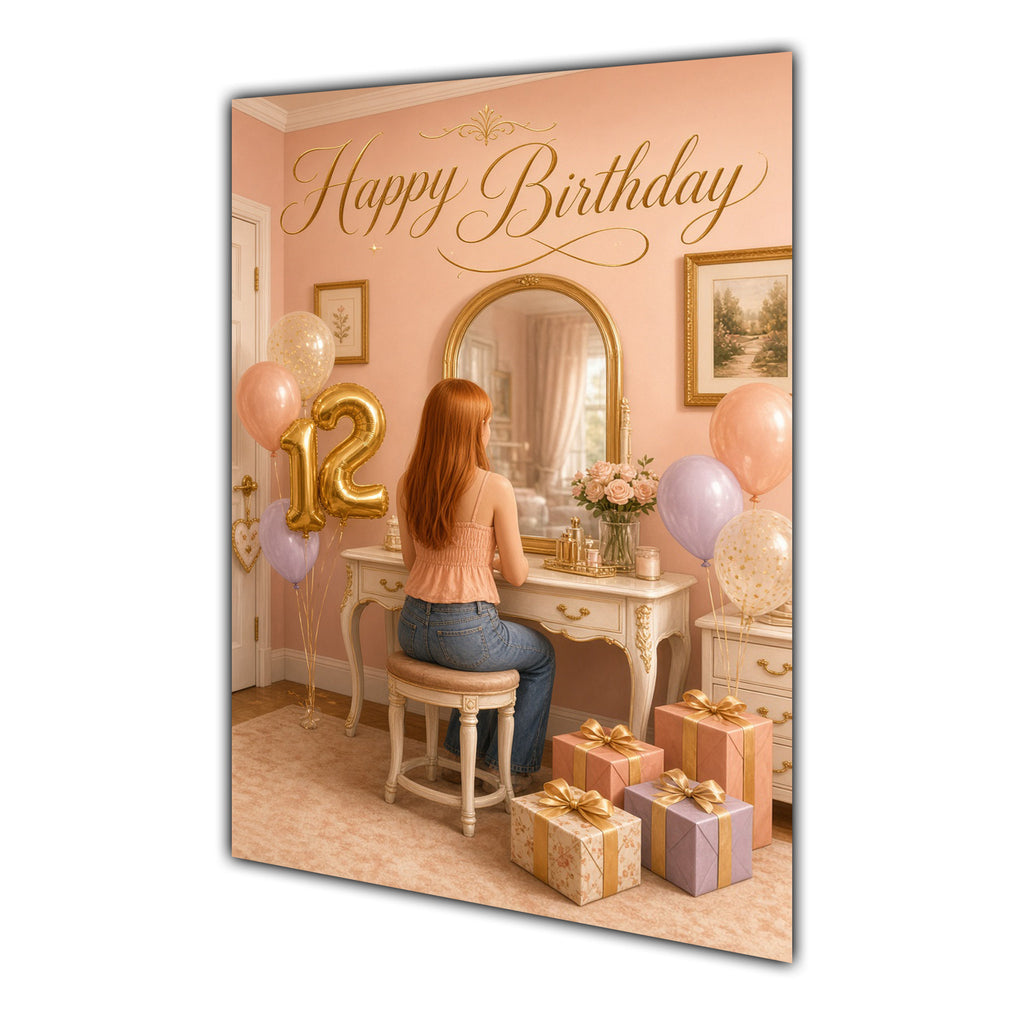 Happy 12th Birthday Peach Gold Vanity Greeting Card A5
