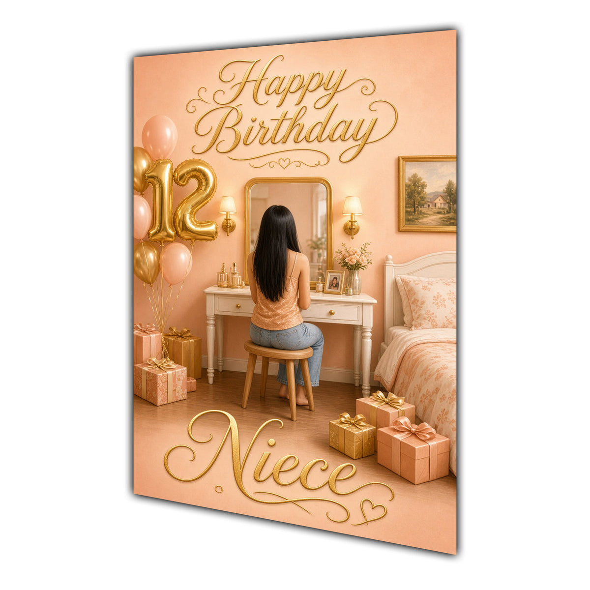 Happy 12th Birthday Peach Gold Vanity Greeting Card A5