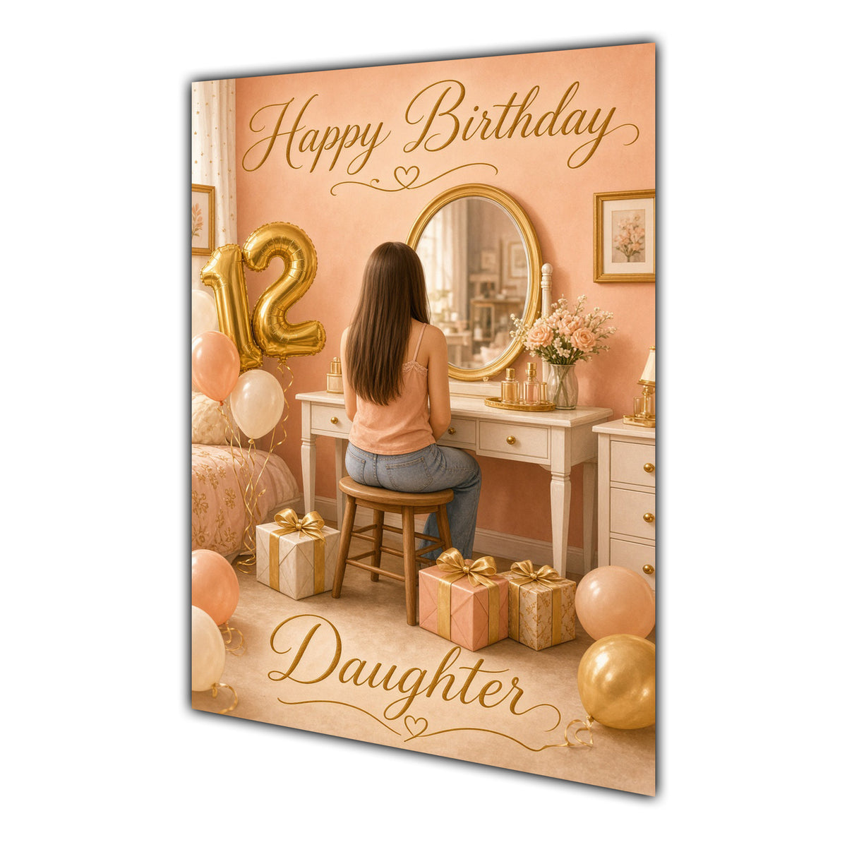 Happy 12th Birthday Peach Gold Vanity Greeting Card A5