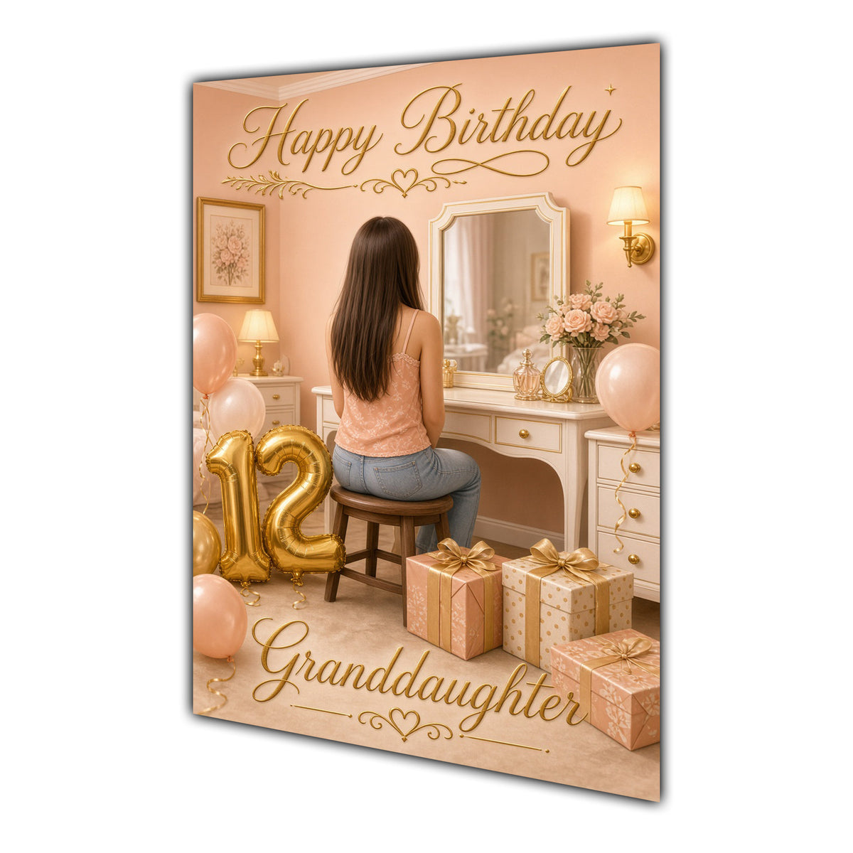 Happy 12th Birthday Peach Gold Vanity Greeting Card A5