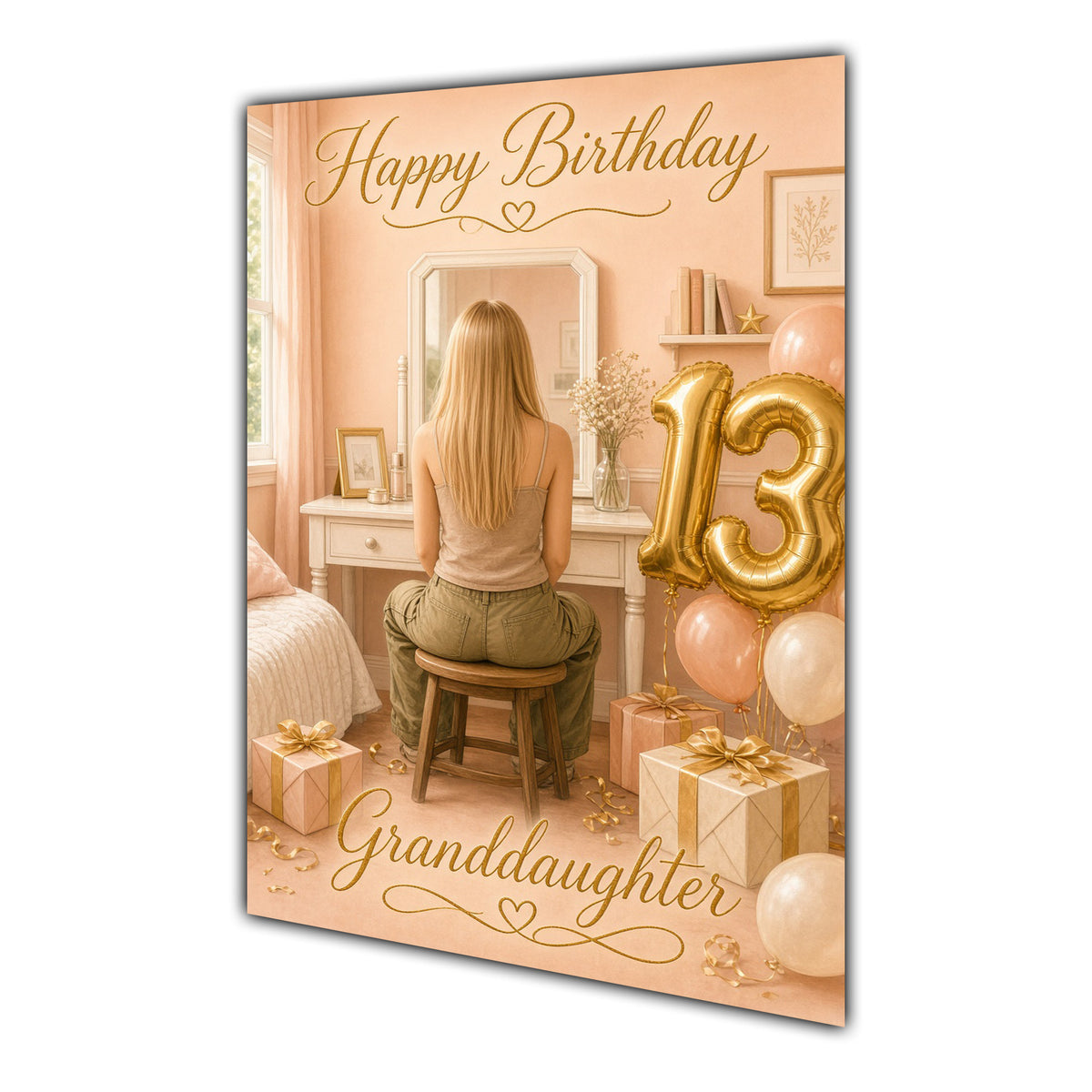 Happy 13th Birthday Peach Gold Vanity Greeting Card A5