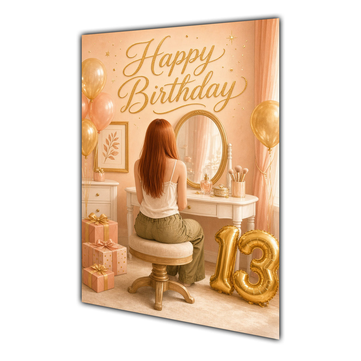 Happy 13th Birthday Peach Gold Vanity Greeting Card A5