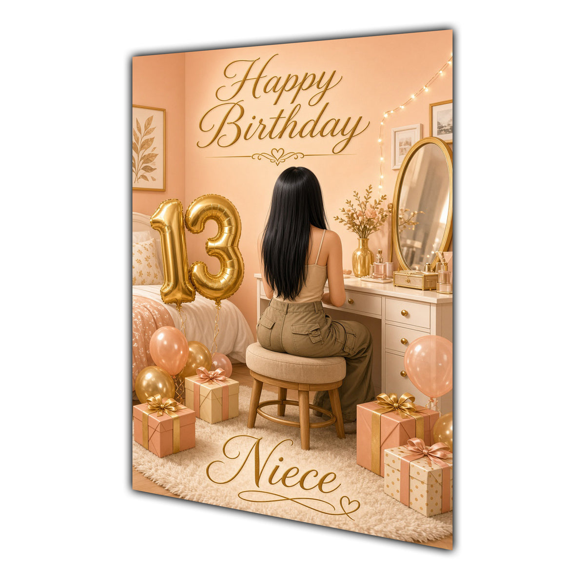 Happy 13th Birthday Peach Gold Vanity Greeting Card A5
