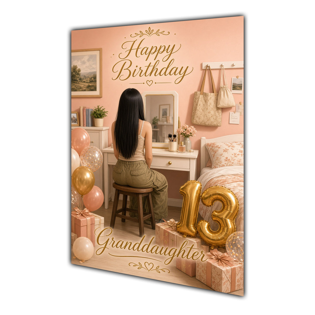 Happy 13th Birthday Peach Gold Vanity Greeting Card A5