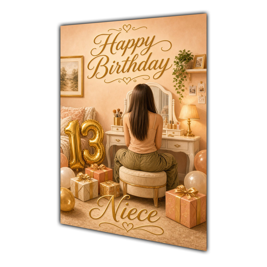 Happy 13th Birthday Peach Gold Vanity Greeting Card A5