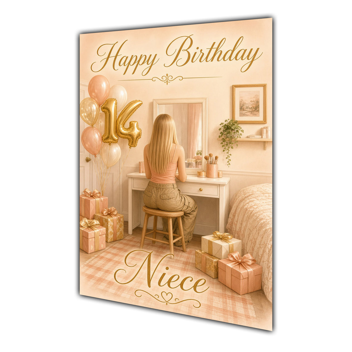 Happy 14th Birthday Peach Gold Vanity Greeting Card A5