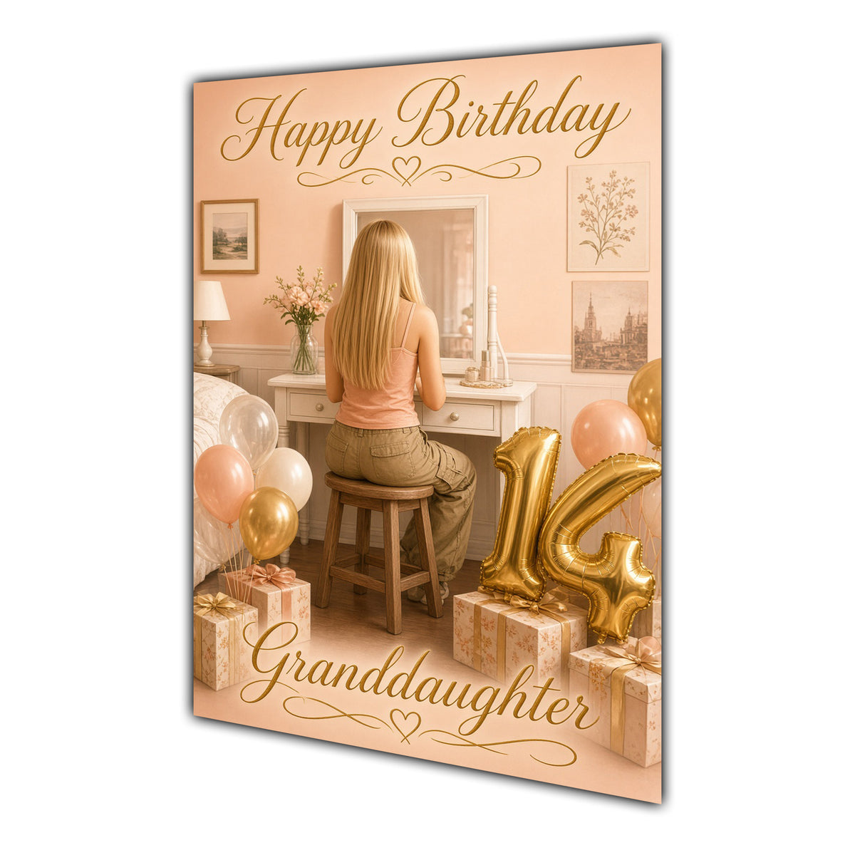Happy 14th Birthday Peach Gold Vanity Greeting Card A5
