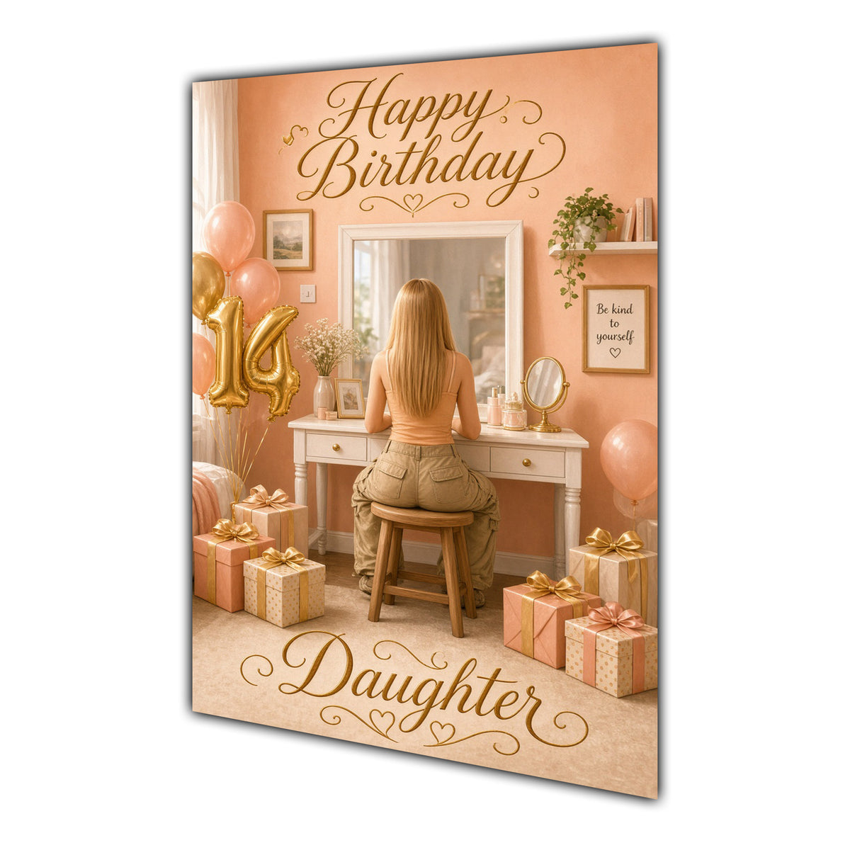 Happy 14th Birthday Peach Gold Vanity Greeting Card A5