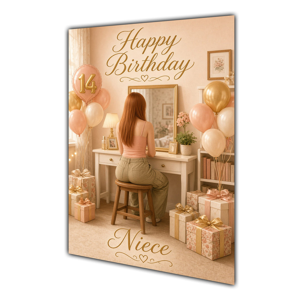 Happy 14th Birthday Peach Gold Vanity Greeting Card A5