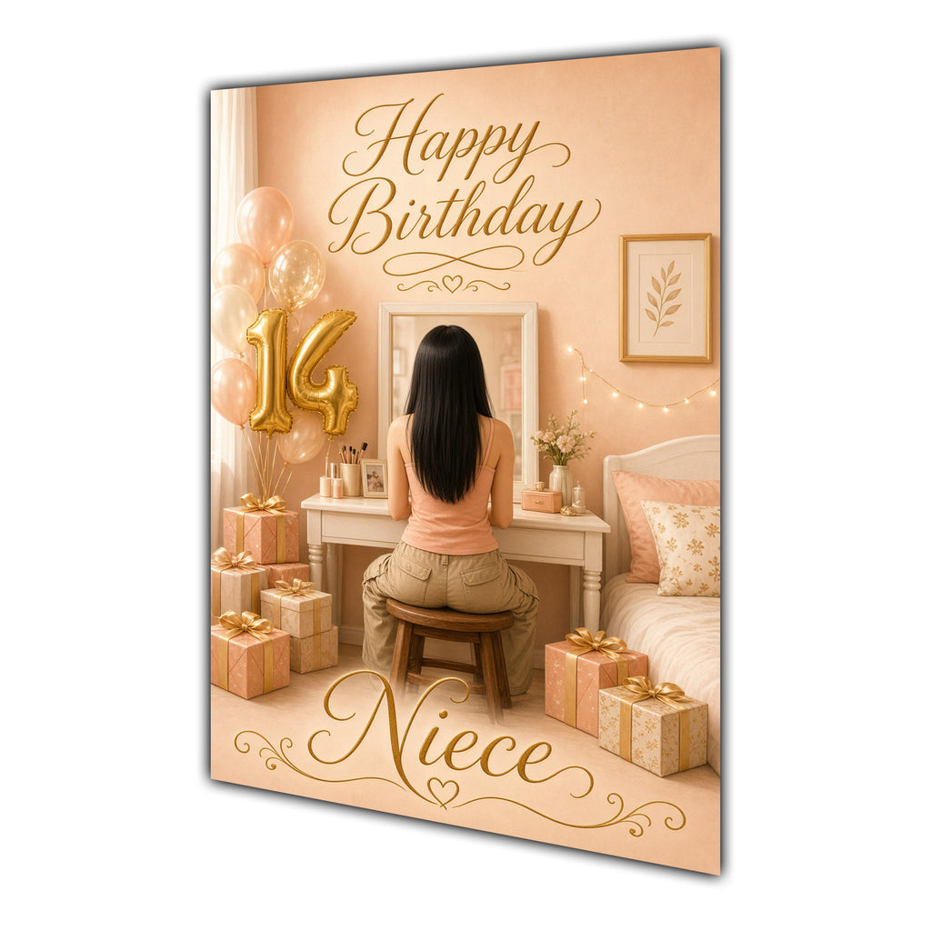 Happy 14th Birthday Peach Gold Vanity Greeting Card A5