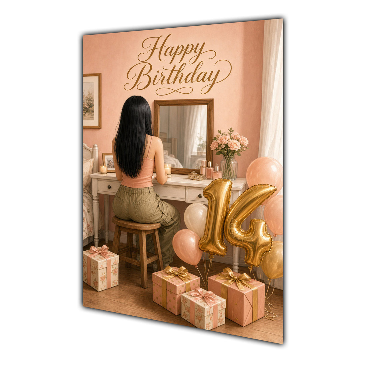 Happy 14th Birthday Peach Gold Vanity Greeting Card A5