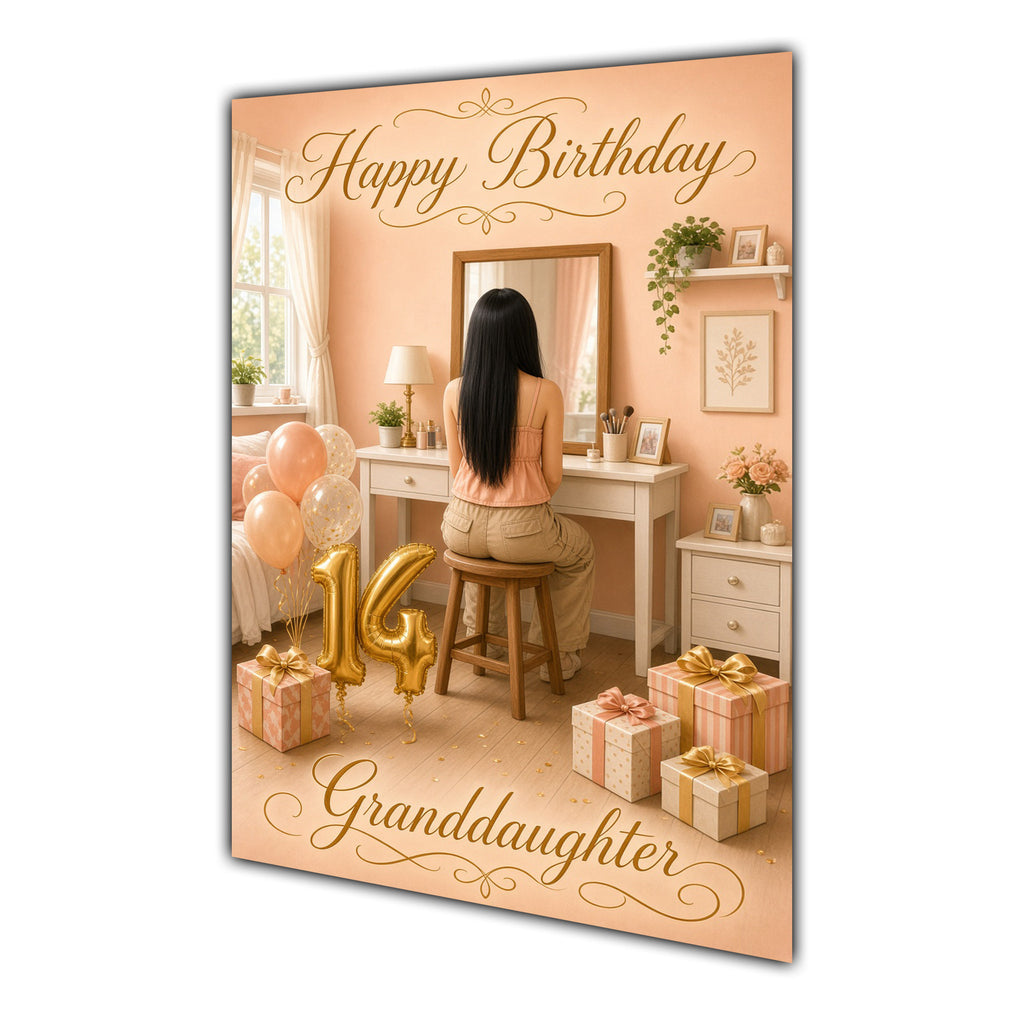 Happy 14th Birthday Peach Gold Vanity Greeting Card A5