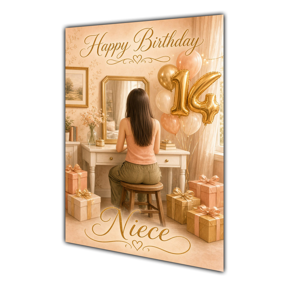 Happy 14th Birthday Peach Gold Vanity Greeting Card A5
