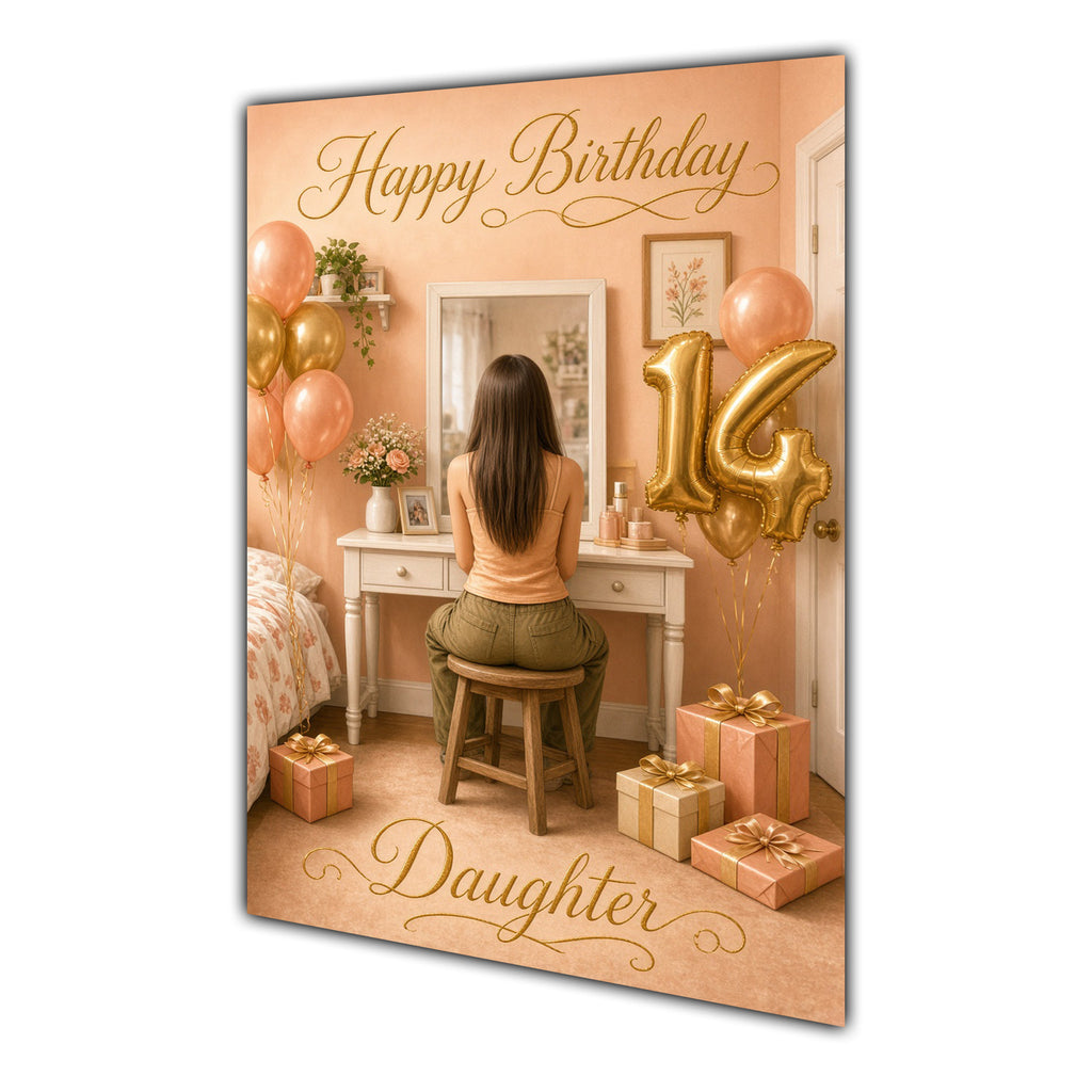 Happy 14th Birthday Peach Gold Vanity Greeting Card A5