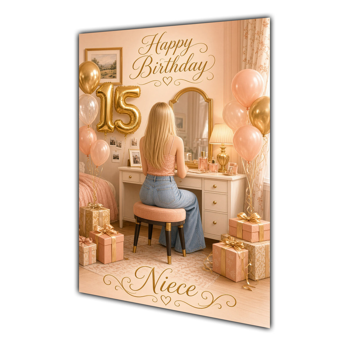 Happy 14th Birthday Peach Gold Vanity Greeting Card A5