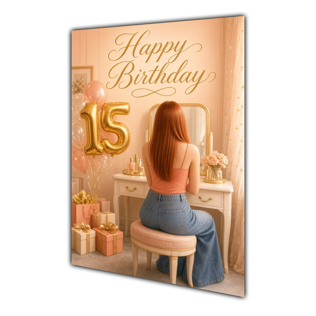 Happy 15th Birthday Peach Gold Vanity Greeting Card A5
