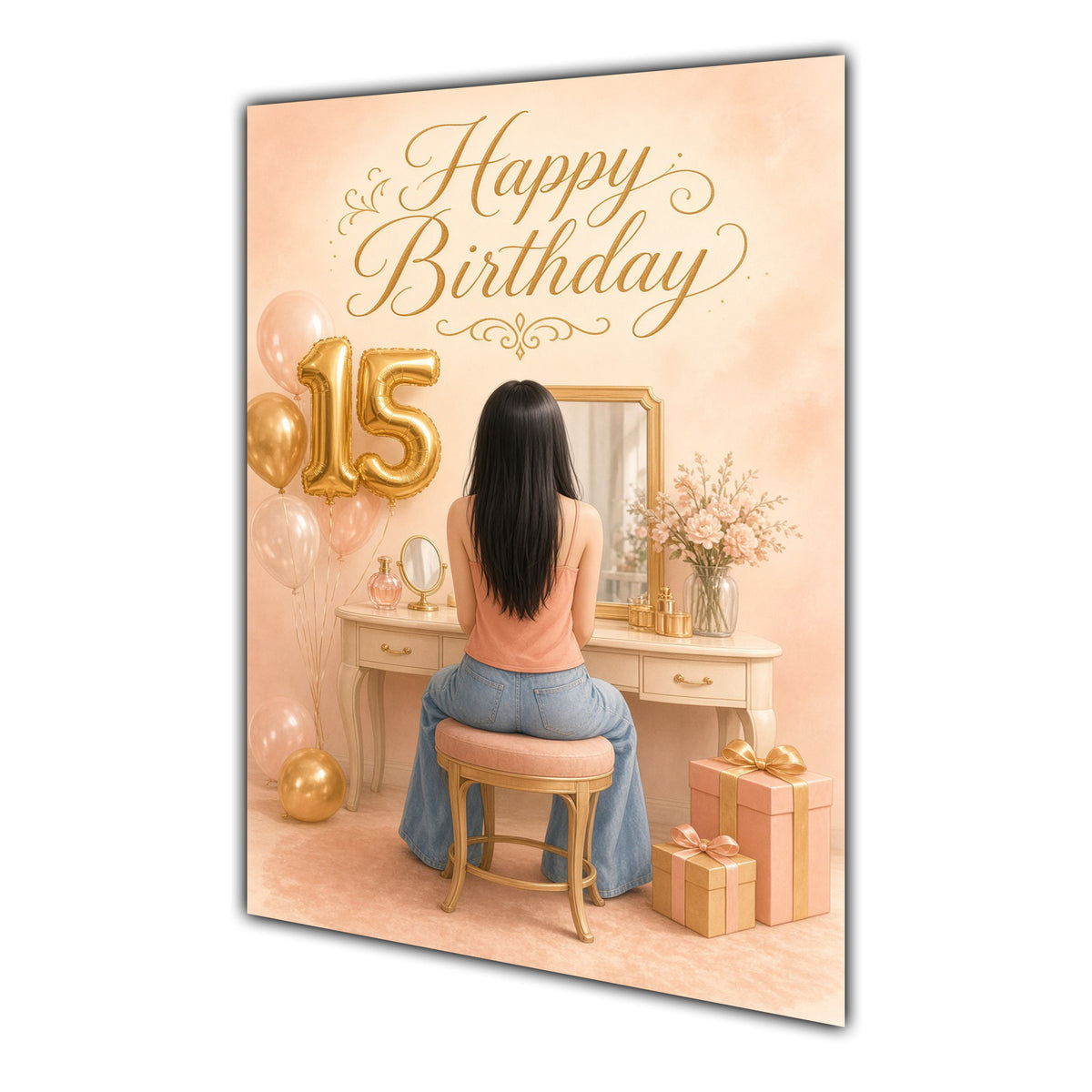 Happy 15th Birthday Peach Gold Vanity Greeting Card A5