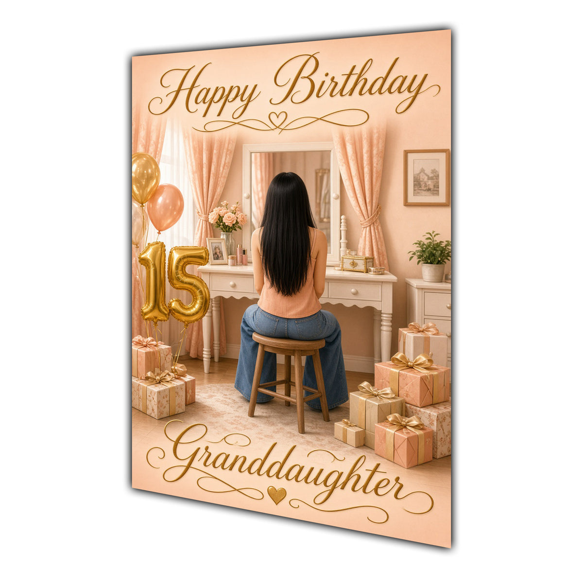 Happy 15th Birthday Peach Gold Vanity Greeting Card A5