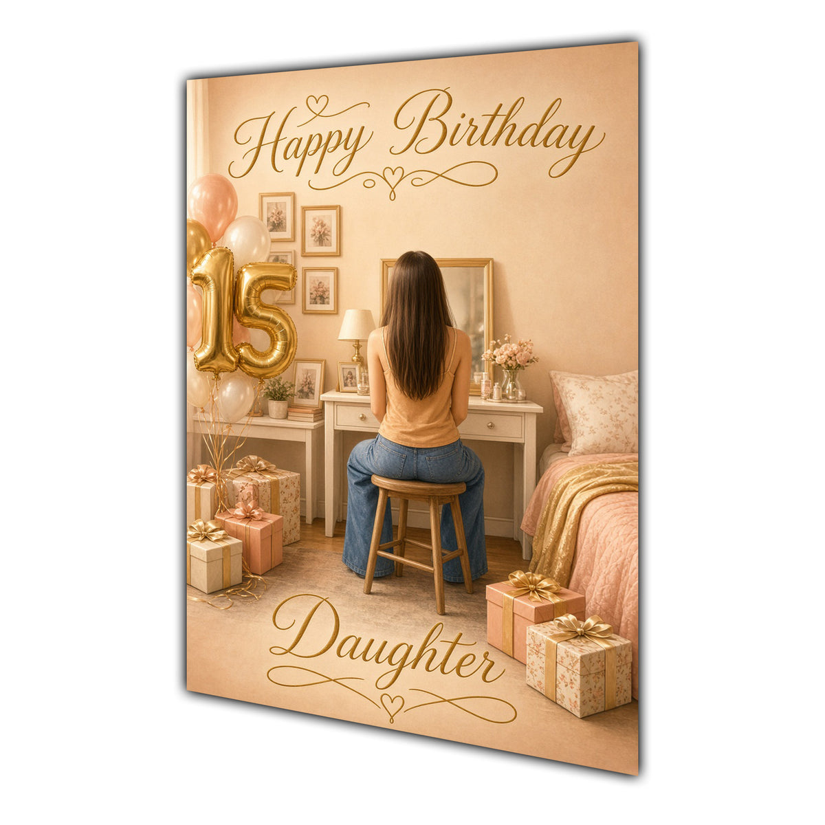 Happy 15th Birthday Peach Gold Vanity Greeting Card A5