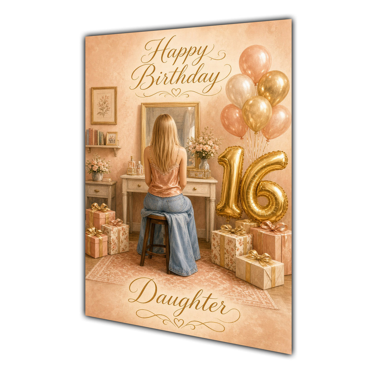Happy 16th Birthday Peach Gold Vanity Greeting Card A5