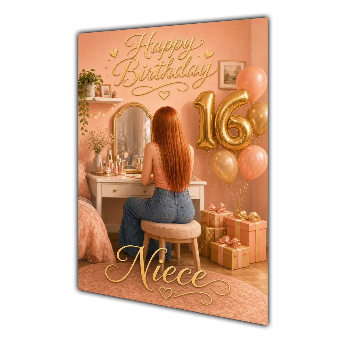 Happy 16th Birthday Peach Gold Vanity Greeting Card A5